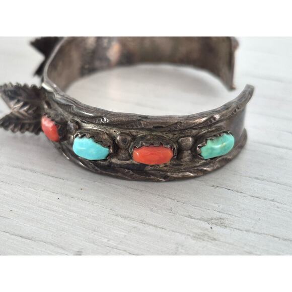 Vintage Wayne Cheama Zuni Sterling Silver Turquoise and Coral Watch Cuff - Picture 3 of 7